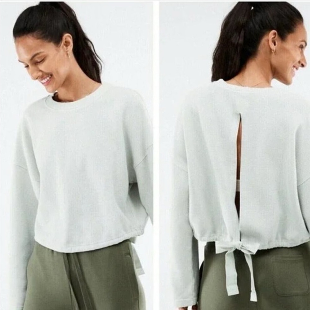 Fabletics Anna Tie-Back Sweatshirt Waffle Knit Open Back Mint Teal Sweater XXL